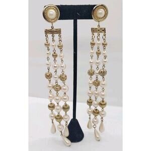 Vintage Faux Pearl Earrings Super Long Dangle Gold Plated Beads Dramatic Formal